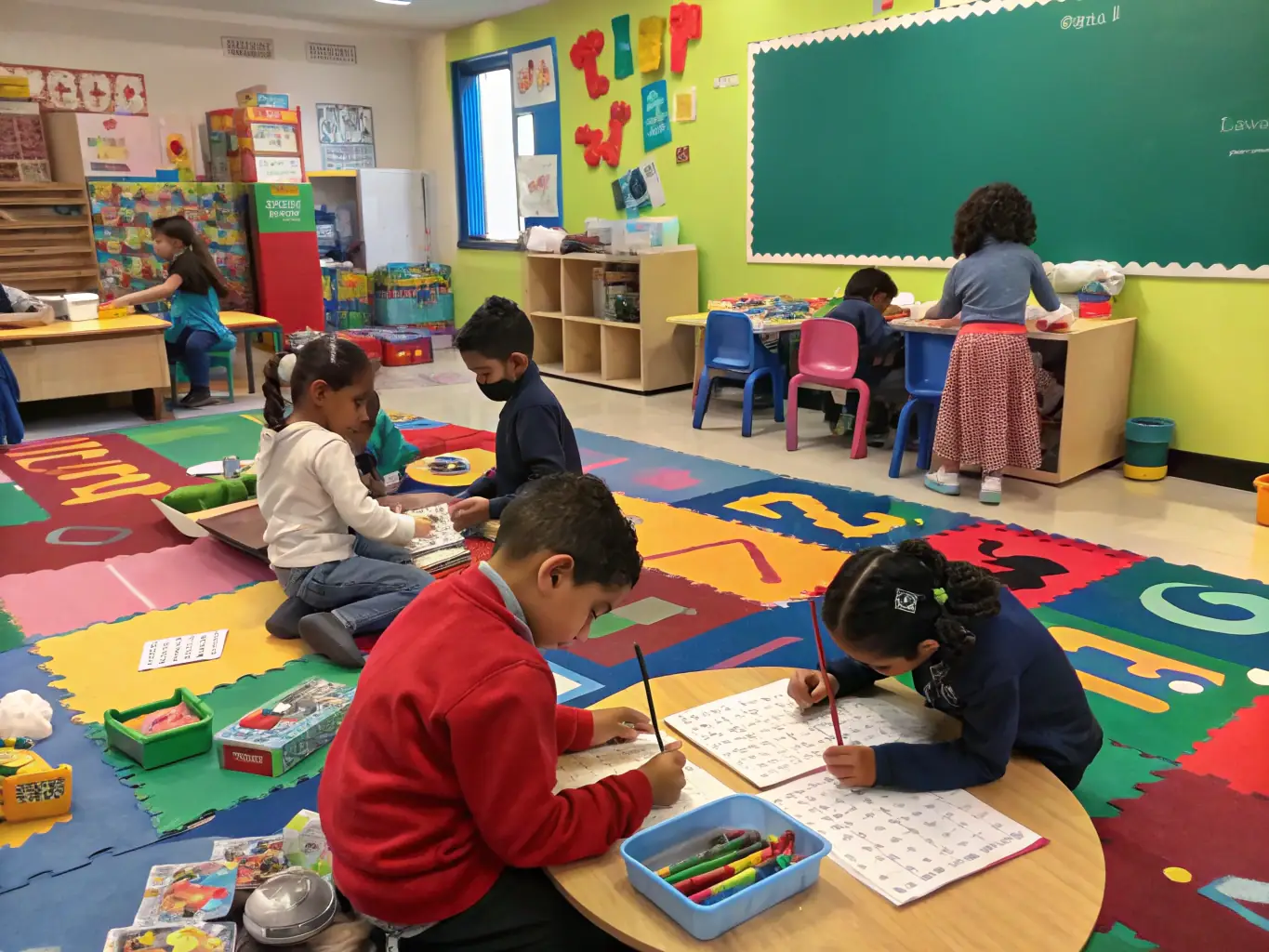 A photograph of children participating in an educational outreach program by COMPAGNIE LUCIOLES, learning about art history and techniques in an interactive and engaging setting.