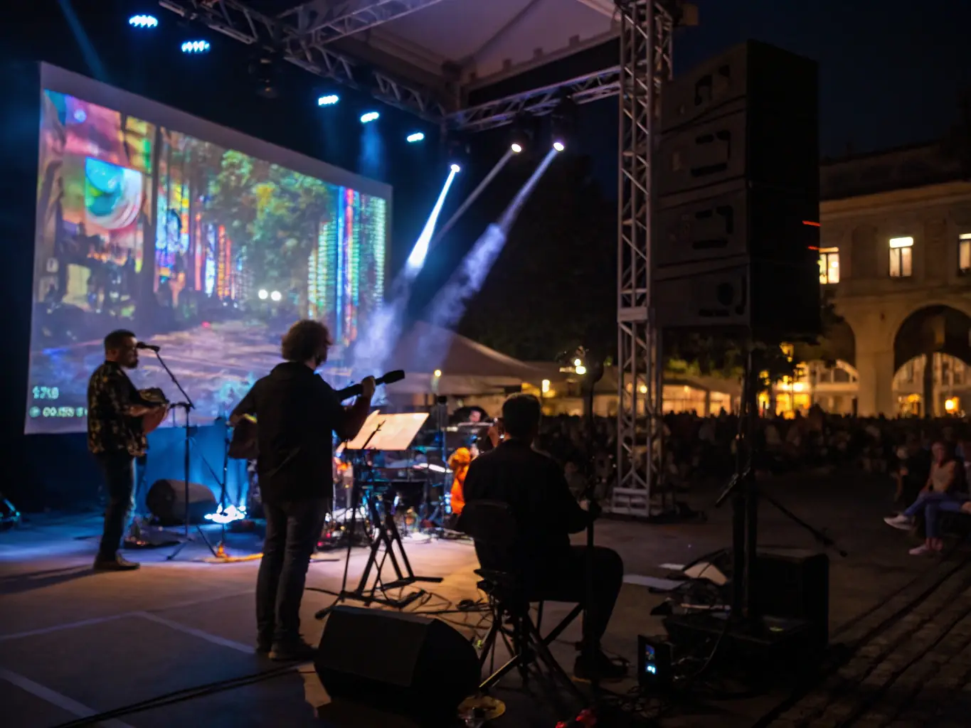 A photograph showcasing a live performance art event organized by COMPAGNIE LUCIOLES, featuring dancers, musicians, and visual artists collaborating on stage, highlighting the organization's commitment to multidisciplinary arts.