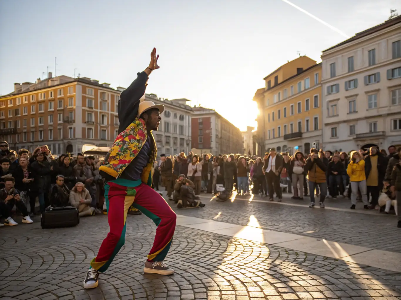 A photograph of a COMPAGNIE LUCIOLES performance in a public space, with performers from diverse backgrounds and an engaged audience.