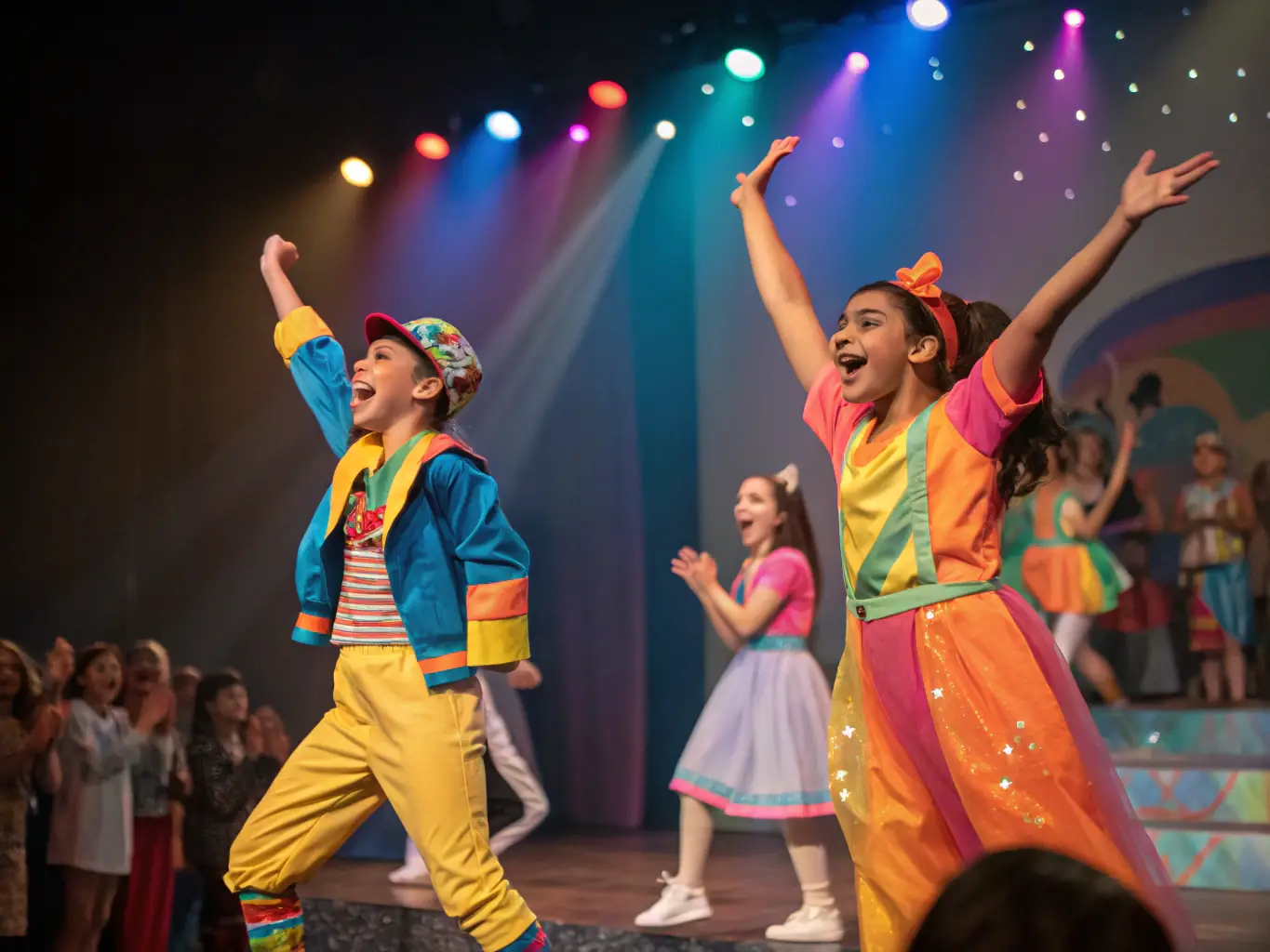 A vibrant scene from a theatrical performance organized by COMPAGNIE LUCIOLES, showcasing actors in colorful costumes on stage, with an audience of community members enjoying the show.