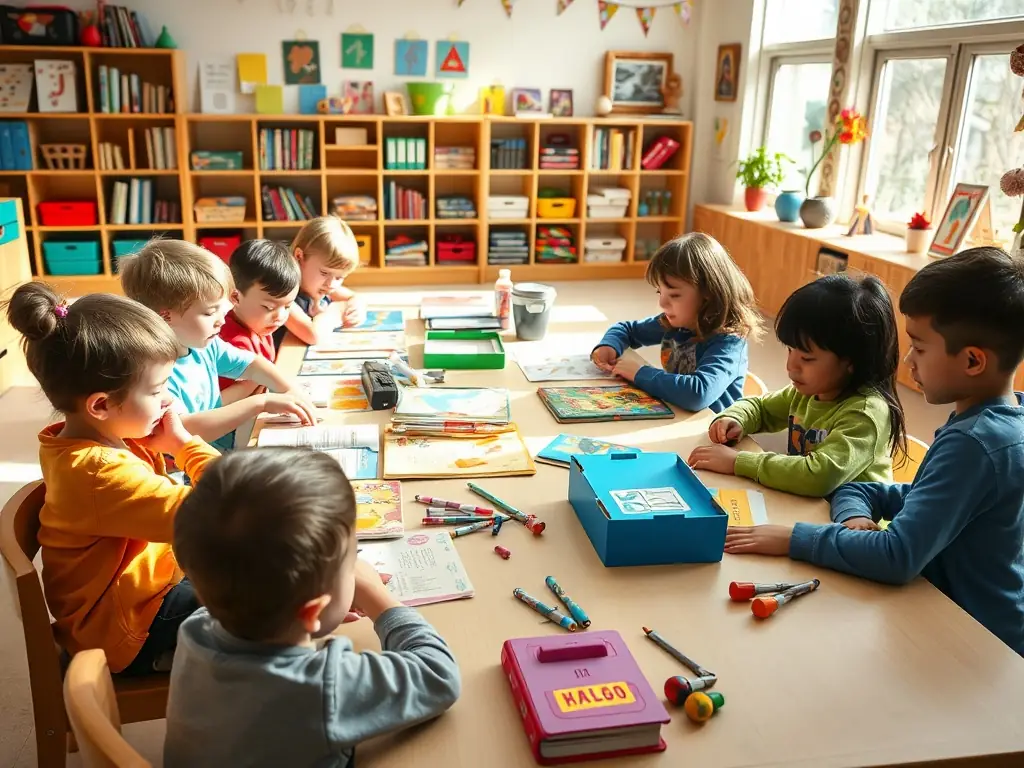 An image of children participating in an educational outreach program by COMPAGNIE LUCIOLES, learning about art and culture through interactive activities and storytelling, emphasizing the organization's focus on cultural education.