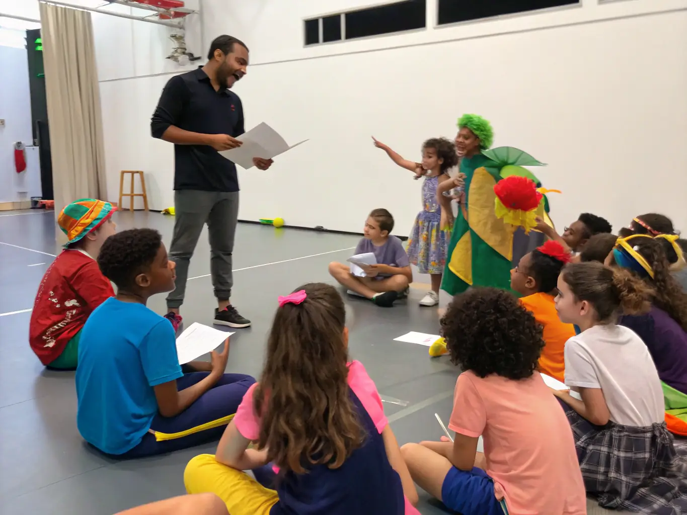 A vibrant photograph capturing children participating in a COMPAGNIE LUCIOLES's youth theater workshop, showcasing their creativity and teamwork.