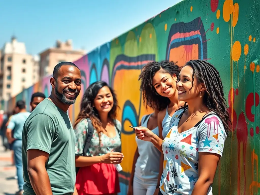 A group of diverse participants engaging in a collaborative art project, painting a large mural together in a community space, reflecting the inclusive and creative environment fostered by COMPAGNIE LUCIOLES.