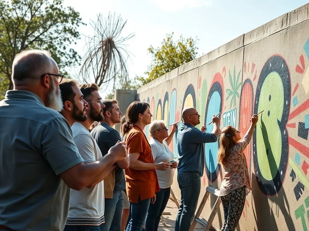 A dynamic image of adults engaged in a community art project organized by COMPAGNIE LUCIOLES, highlighting collaboration and artistic expression.