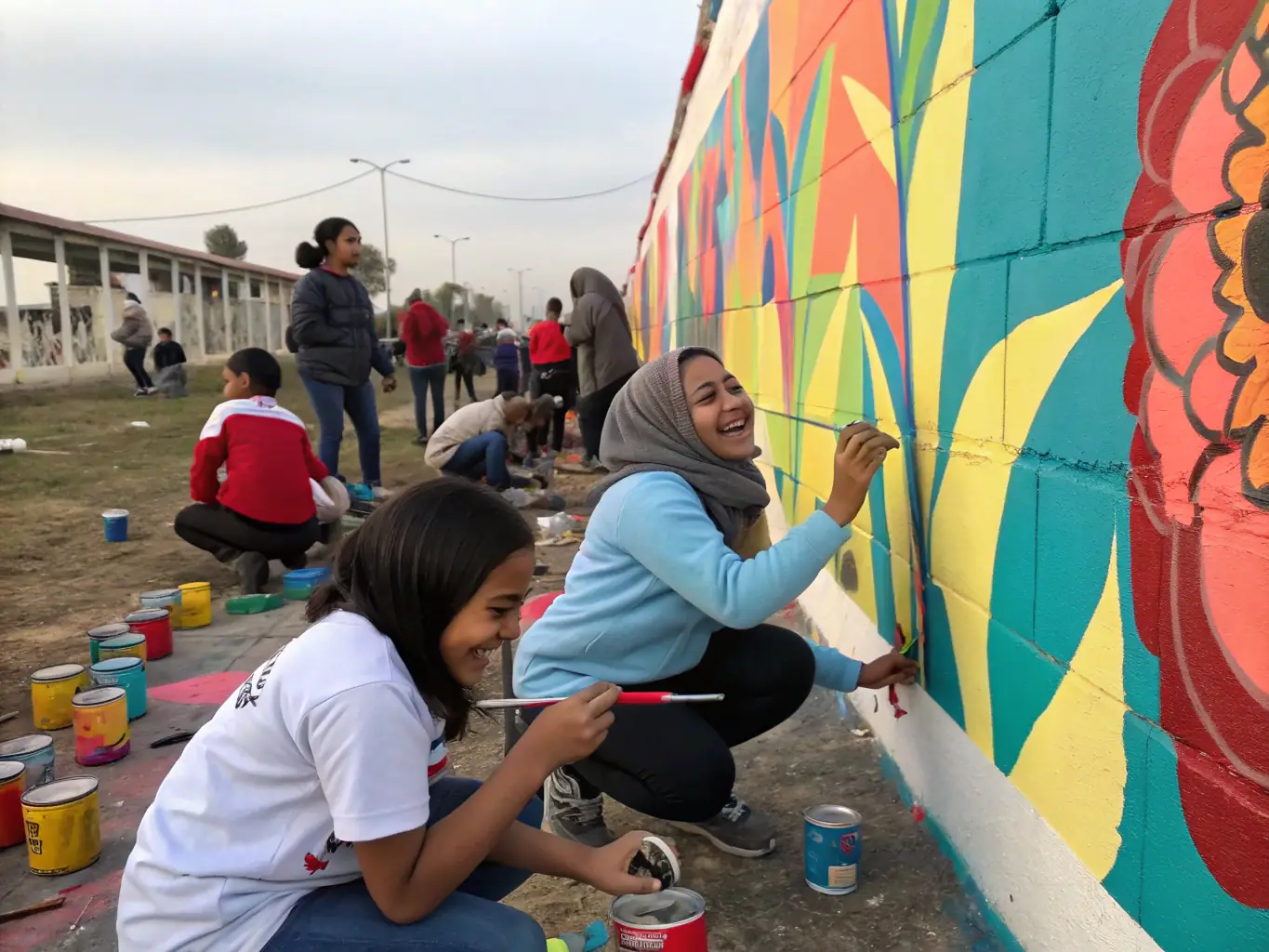 A heartwarming image of children and adults working together on a community art project, with smiles and laughter evident.