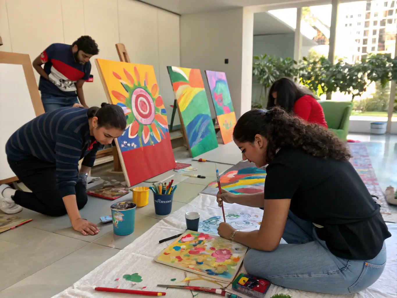 A vibrant image depicting a community art workshop, with diverse participants of all ages engaged in collaborative painting and creative expression, reflecting the inclusive nature of COMPAGNIE LUCIOLES' programs.