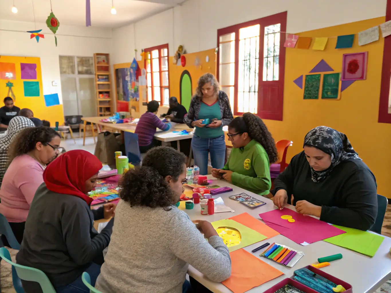 A vibrant image showing a diverse group of people participating in a COMPAGNIE LUCIOLES workshop, with paintbrushes and art supplies visible, set in a community center.